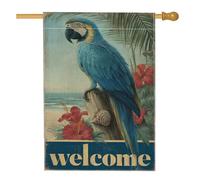 Drapeau de jardin bleu tropical pour perroquet, bannière florale bienvenue hibiscus pour extérieur, drapeau double face en toile de jute, décoration d'intérieur, pelouse, 71,1 x 101,6 cm