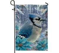 Drapeau de jardin Blue Jay - Branches de pin - Flocons de neige - Bleu - Double face - Petit drapeau de jardin - Pour extérieur, terrasse, pelouse, porche, entrée, camping - 30,5 x 45,7 cm