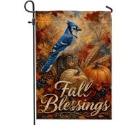 Drapeau de jardin Blue Jay, citrouilles rustiques saisonnières en toile de jute orange d'automne double face pour extérieur, terrasse, pelouse, porche, entrée, camping, 30,5 x 45,7 cm