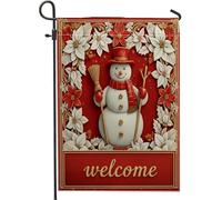 Drapeau de jardin bonhomme de neige, balai poinsettia festif de Noël rouge double face en toile de jute pour extérieur, terrasse, pelouse, porche, entrée, camping 30,5 x 45,7 cm