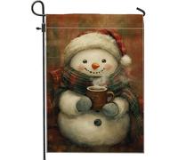Drapeau de jardin bonhomme de neige d'hiver - Joli bonhomme de neige avec cacao chaud - Décoration extérieure double face en toile de jute - Décoration de pelouse de vacances - Drapeau saisonnier de