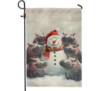 Drapeau de jardin bonhomme de neige d'hiver, joli hippopotame décoratif extérieur, drapeau de cour double face en toile de jute pour la saison des vacances, décoration de pelouse amusante pour Noël