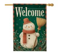 Drapeau de jardin bonhomme de neige d'hiver vert avec bonhomme de neige et balai, bannière double face en toile de jute pour décoration extérieure de vacances, 71 x 101,6 cm