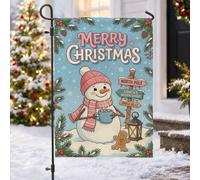 Drapeau de jardin Bonhomme de neige Merry Christmas 30,5 x 45,7 cm | Signalisation du pôle Nord, drapeau de pelouse, bonhomme en pain d'épices, branches de pin, thème du pays des merveilles