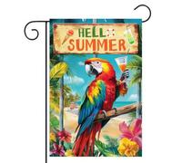 Drapeau De Jardin Bonjour L'Été Tropical Parrot Beach Welcome Theme Pride Flag Couleurs Vives Drapeau De Bienvenue Antifouling Drapeaus Décoratif Pour Pavillon Home Patio 30X45Cm