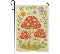 Drapeau de jardin botanique printemps-été, champignons rouges, abeilles, fleur, décoration d'intérieur, bannière de jardin, drapeau de cour double face en toile de jute, décoration de pelouse