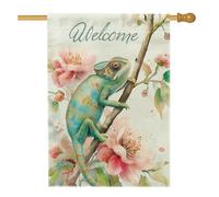 Drapeau de jardin caméléons d'été, bannière de décoration florale de lézard vif, drapeau de cour double face en coton pour décoration de pelouse extérieure, style Welcome Home, 30,5 x 45,7 cm