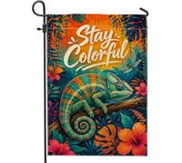 Drapeau de jardin caméléons, fleurs tropicales vibrantes, feuilles vertes d'été, double face, en toile de jute décorative pour extérieur, terrasse, pelouse, porche, balcon, 30,5 x 45,7 cm