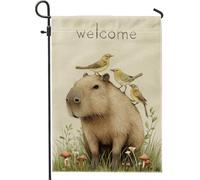 Drapeau de jardin Capybara de bienvenue au printemps, oiseaux champignons floraux, décoration extérieure, bannière rustique double face en toile de jute pour la maison, la pelouse, les vacances, les