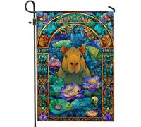 Drapeau de jardin Capybara en vitrail bleu de bienvenue, décoration extérieure florale, bannière double face en toile de jute pour décoration de maison et de pelouse, 30,5 x 45,7 cm