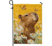 Drapeau de jardin Capybara floral jaune printemps été, bannière de décoration d'intérieur, drapeau double face en toile de jute pour décoration de pelouse extérieure, 30,5 x 45,7 cm