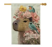 Drapeau de jardin Capybara floral printemps-été, fleurs de pêche, oiseaux, décoration d'intérieur, bannière de jardin, bannière de jardin, drapeau de cour en toile de jute pour décoration de pelouse