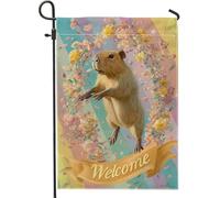 Drapeau de jardin Capybara pastel, bannière florale de bienvenue pour la maison, double face, toile de jute pour décoration de pelouse extérieure, 30,5 x 45,7 cm