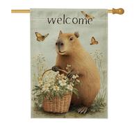 Drapeau de jardin Capybara pour printemps et été, bannière de bienvenue rustique florale papillon, bannière de bienvenue d'extérieur, drapeau de cour double face en toile de jute, décoration de