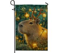 Drapeau de jardin Capybara pour vacances d'hiver, décorations d'animaux marron avec lumières, bannière extérieure double face en toile de jute, décoration de pelouse festive pour fête de Noël, 30,5 x