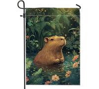 Drapeau de jardin Capybara tropical d'été, aquarelle verte, décoration extérieure, bannière de pelouse, bannière de pelouse, jolie décoration d'intérieur pour fête de cour 30,5 x 45,7 cm