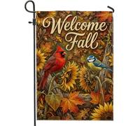 Drapeau de jardin cardinal - Nature automnale geai bleu tournesol - En toile de jute rouge - Double face - Décoration extérieure pour extérieur, terrasse, pelouse, porche, balcon - 30,5 x 45,7 cm