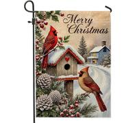 Drapeau de jardin cardinal, nichoir d'hiver de Noël, pommes de pin, drapeaux de Noël rouges double face en toile de jute pour extérieur, porche, pelouse, terrasse, 30,5 x 45,7 cm