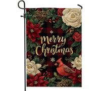 Drapeau de jardin cardinal, rose poinsettia festive de Noël rouge double face en toile de jute pour extérieur, porche, pelouse, terrasse, 30,5 x 45,7 cm