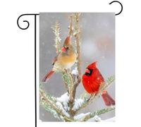 Drapeau De Jardin Cardinal Rouge Mâle Femelle Oiseau Dans La Neige Hivernale D'Un Épicéa Drapeaus Décoratif Premium Garden Flag Amusante Drapeau De Bienvenue Pour Pelouse Pavillon Home 30X45Cm