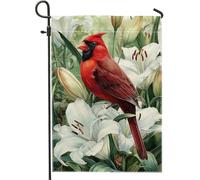 Drapeau de jardin cardinal rouge printemps été, bannière florale de lys blanc, bannière de décoration extérieure, drapeau de cour double face en toile de jute, décoration de la maison, 30,5 x 45,7 cm