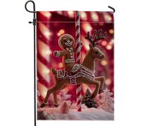 Drapeau de jardin carrousel en pain d'épice de Noël, bannière de décoration de maison de vacances, bannière double face en toile de jute, décoration extérieure 30,5 x 45,7 cm