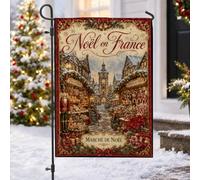 Drapeau de jardin Casse-noisette 30,5 x 45,7 cm | Scène de marché français, drapeau de cour, architecture de village d'hiver, fleurs de poinsettia, nostalgie saisonnière