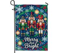 Drapeau de jardin Casse-noisette Merry And Bright avec citation de Noël | Soldats casse-noisette, drapeau de pelouse, flocons de neige d'hiver, canne à sucre, couleurs vives, décoration de cour