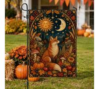Drapeau de jardin céleste renards d'automne fantaisie 30,5 x 45,7 cm | Soleil céleste et lune, drapeau de pelouse, feuillage de forêt d'automne, champignons et citrouilles