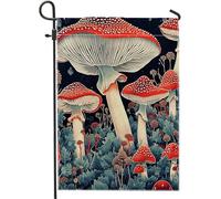 Drapeau de jardin champignon bohème trippy feuille botanique forêt chalet en lin noir décoration de fête porche décorations pelouse terrasse extérieur pour camping, maison, clôture murale, drapeau