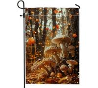 Drapeau de jardin champignon d'automne, feuilles de champignons oranges, bannière de jardin, bannière de jardin, drapeau de cour en toile de jute saisonnière pour décoration de pelouse, 30,5 x 45,7 cm