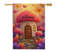 Drapeau de jardin champignon de bienvenue, papillons et fleurs colorés, bannière de décoration d'intérieur, drapeau double face en toile de jute, décoration saisonnière de pelouse, 71 x 101,6 cm