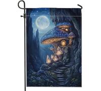 Drapeau de jardin champignon enchanté, bannière de jardin fantaisie nuit bleue, drapeau de pelouse en polyester double face, décoration extérieure, conte de fées d'automne accessoire de maison 30,5 x