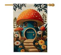 Drapeau de jardin champignon fantaisie, bannière de bienvenue bleue et rouge, double face en toile de jute pour décoration de pelouse, décoration de fête de jardin printemps-été, 71,1 x 101,6 cm