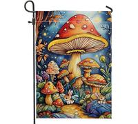 Drapeau de jardin champignon fantaisie d'automne - Champignons rouges vibrants avec lapins - Décoration d'intérieur - Drapeau de cour double face en toile de jute - Décoration saisonnière de pelouse