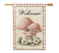 Drapeau de jardin champignon pêche printemps été, adorable bannière de bienvenue, drapeau de cour double face en toile de jute pour décoration de pelouse extérieure 71 x 101,6 cm