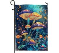Drapeau de jardin champignon printemps été, champignons colorés et fleurs, bannière de jardin, bannière de jardin, drapeau de cour double face en toile de jute, décoration de pelouse extérieure, 30,5