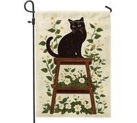 Drapeau de jardin chat assis sur un tabouret, drapeau floral printemps-été, décoration d'intérieur, drapeau extérieur, décoration de cour double face en toile de jute pour fêtes de vacances, 30,5 x