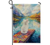 Drapeau de jardin chat coloré printemps été, illustration féline blanche réflexion décoration d'intérieur, drapeaux double face polyester extérieur pelouse décoration 30,5 x 45,7 cm