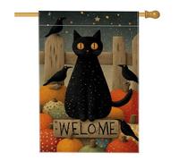 Drapeau de jardin chat d'automne, bannière de bienvenue d'Halloween avec citrouilles et corbeaux, décoration extérieure double face en toile de jute pour fêtes d'automne 71 x 101 cm