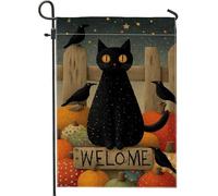 Drapeau de jardin chat d'automne, bannière de bienvenue d'Halloween avec citrouilles et corbeaux, décoration extérieure double face pour fêtes d'automne 30,5 x 45,7 cm