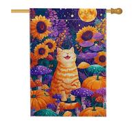 Drapeau de jardin chat d'automne, chat tigré orange, champignon tournesol, décoration extérieure, bannière de cour d'automne saisonnière, décoration de pelouse double face en toile de jute 71,1 x
