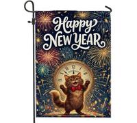 Drapeau de jardin chat de minuit 30,5 x 45,7 cm | Illustration animale fantaisie, drapeau de pelouse, thème de célébration, motif horloge de minuit, décoration extérieure