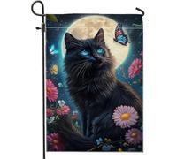 Drapeau de Jardin Chat de minuit Fleurs enchanteresses Papillon Résistants aux Intempéries Bruant Résistant à la Décoloration Drapeau de Vacances pour manif Célébration 30x45cm