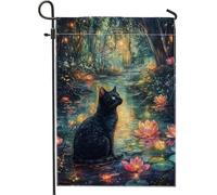 Drapeau de jardin chat enchanté, nénuphar mystique au clair de lune, drapeau décoratif double face pour décoration de jardin extérieur, idéal pour les célébrations saisonnières d'automne 30,5 x 45,7