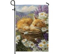 Drapeau de jardin chat endormi, décoration florale féline orange, bannière double face en toile de jute, décoration extérieure pour Pâques et été, 30,5 x 45,7 cm