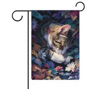 Drapeau de jardin chat mystique et fleurs colorées en toile de jute double face 32 x 47 cm