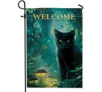 Drapeau de jardin chat mystique, vert forêt enchantée, bannière extérieure double face en toile de jute pour décoration de la maison 30,5 x 45,7 cm