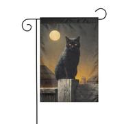 Drapeau de jardin chat noir sur une vieille clôture en bois et lune 30 x 45 cm vertical double face ferme vacances décorations extérieures drapeau de cour