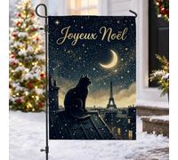 Drapeau de jardin chat parisien Nuit étoilée Noir 30,5 x 45,7 cm | Scène parisienne sur le toit, drapeau de pelouse, silhouette de tour de Paris, croissant de lune, horizon nocturne étoilée
